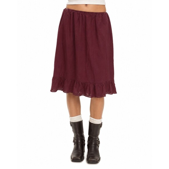 Brandy Melville Dresses & Skirts - Brandy Melville Prairie Midi Skirt Women Y2K Burgundy Lace Hem Pull On Cotton OS